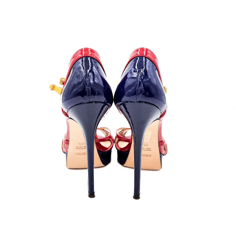FENDI Navy Red Patent Leather T-Strap Platform Heels EU 36.5 - Picture 7 of 10